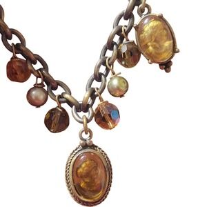 Cookie Lee Amber Intaglio Cameo Charm Bracelet Brass Tone Crystal Pearl Vintage